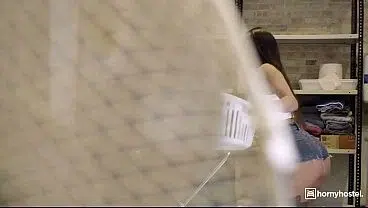 Squirting Brunette Nearly Caught by Janitor While Fucking part 1