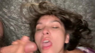 Making a mess with wife’s face. Facial cum shot