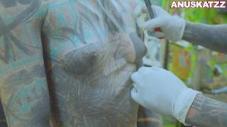 Tattoo model Anuskatzz gets nipple piercings while anal fuck hardcore extreme rough sex BDSM fetish